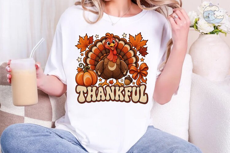 Thankful Turkey Thanksgiving PNG Shirt example image 1