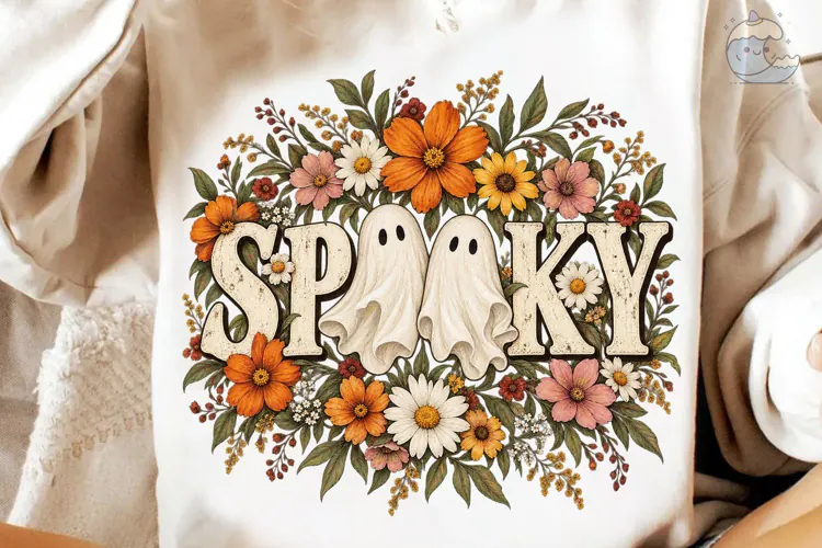 Spooky Ghosts Autumn Flowers PNG Shirt