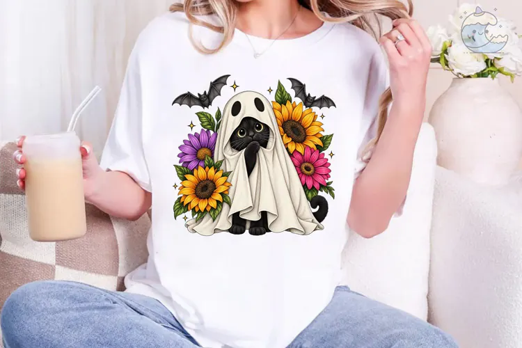 Ghost Cat Sunflower PNG Sublimation Desi