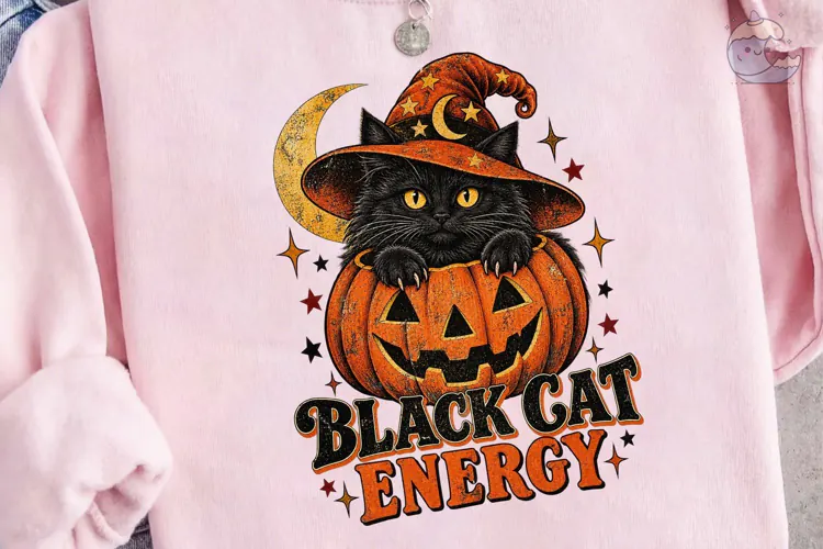 Black Cat Energy Halloween PNG Shirt Des