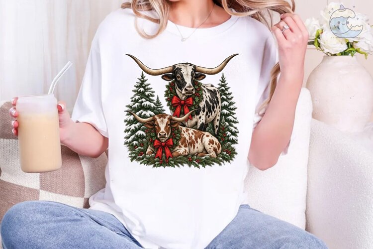 Longhorn Cattle Christmas PNG Sublimatio example image 1