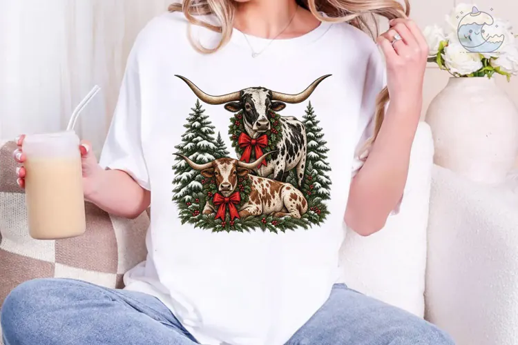 Longhorn Cattle Christmas PNG Sublimatio