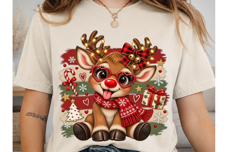Cute Reindeer Heart Glasses PNG Shirt De