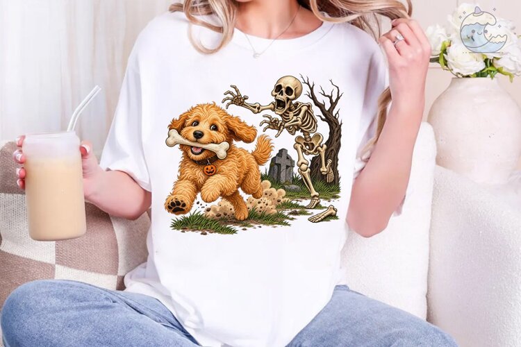 Skeleton Dog Halloween PNG Shirt Design example image 1