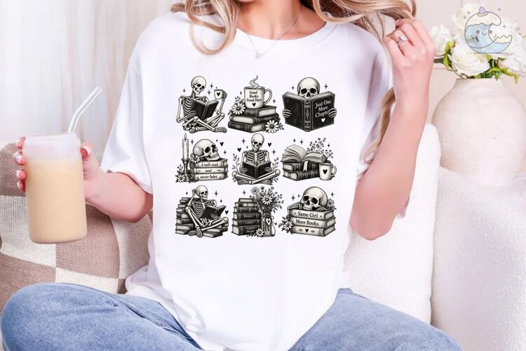 Skeleton Reading PNG Sublimation Shirt D example image 1