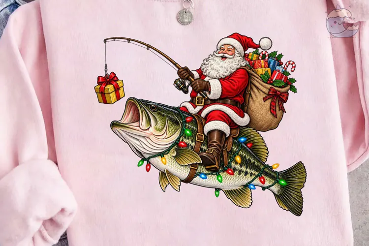 Santa Fishing Christmas PNG Sublimation