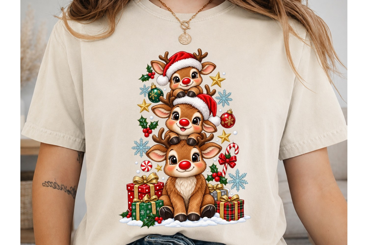 Cute Reindeer Stack Christmas PNG Shirt