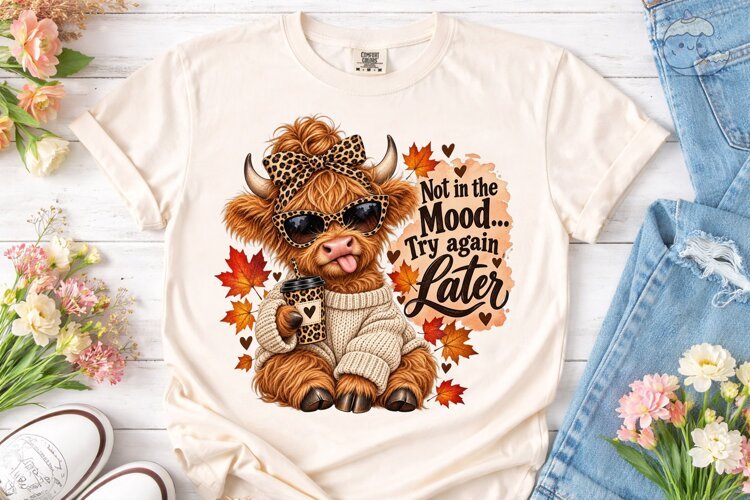 Sassy Highland Cow Fall PNG Shirt Design example image 1