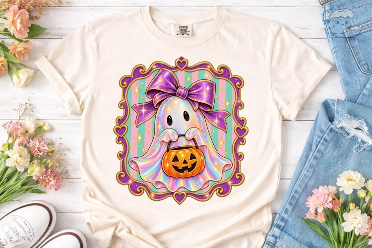Holographic Ghost Pumpkin PNG Shirt Desi example image 1