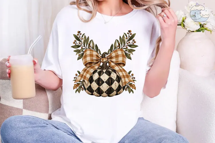 Harlequin Pumpkin Plaid Bow PNG Sublimat