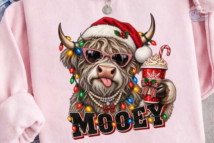 Mooey Christmas Highland Cow PNG Sublima example image 1