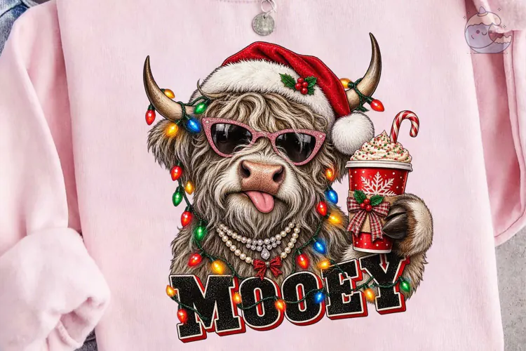 Mooey Christmas Highland Cow PNG Sublima