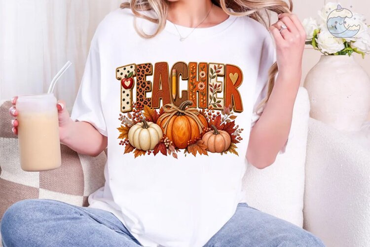 Fall Teacher Pumpkin PNG Sublimation Tee example image 1
