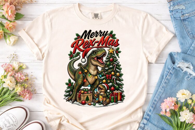 Merry Rex-Mas Dinosaur PNG Sublimation D example image 1