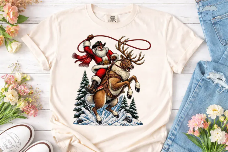 Cowboy Santa Reindeer PNG Sublimation Sh