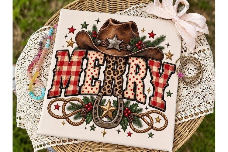 Merry Cowboy Hat PNG Sublimation Design example image 1