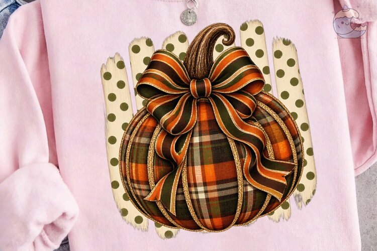 Plaid Pumpkin Bow PNG Sublimation Design example image 1