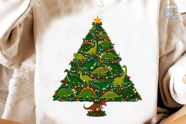 Dinosaur Christmas Tree PNG Shirt Design example image 1