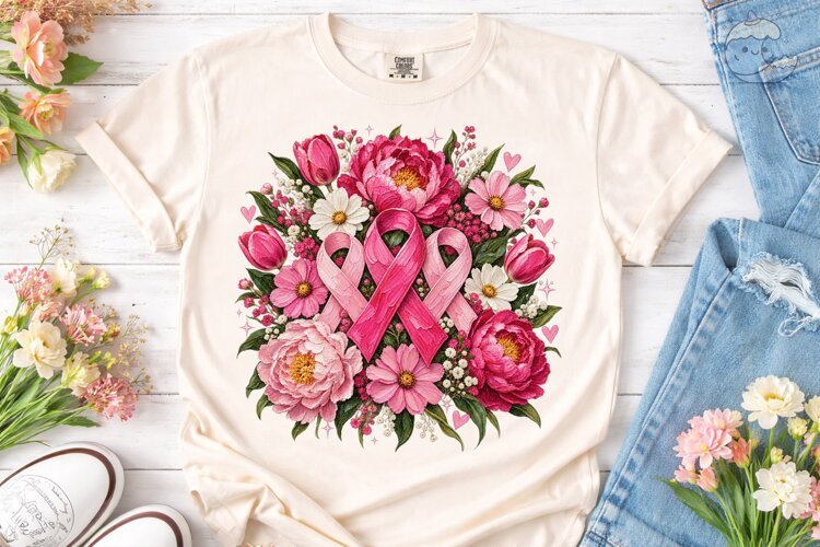 Pink Ribbon Flowers PNG Sublimation Shir example image 1