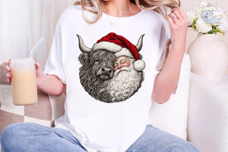 Santa Highland Cow PNG Sublimation Desig example image 1