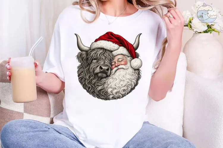 Santa Highland Cow PNG Sublimation Desig
