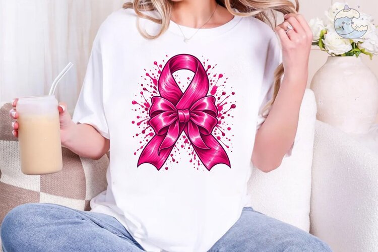 Pink Ribbon Bow Splash PNG Sublimation example image 1