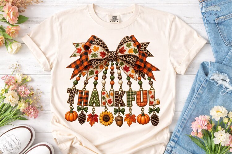 Thankful Fall Bow PNG Sublimation Shirt example image 1