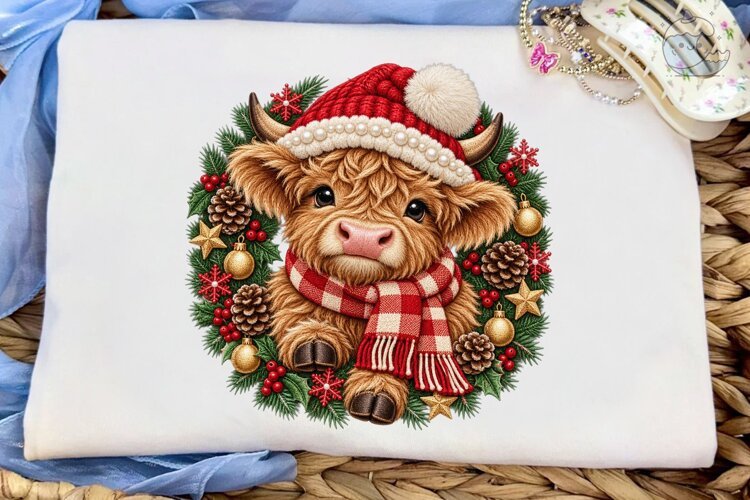 Christmas Highland Cow PNG Sublimation D example image 1