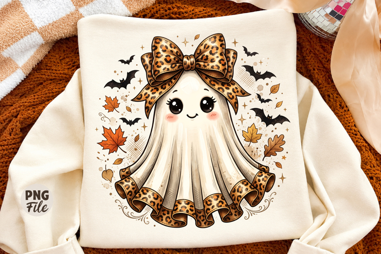 Trendy Fall Ghost Png, Leopard Bow Sublimation Design