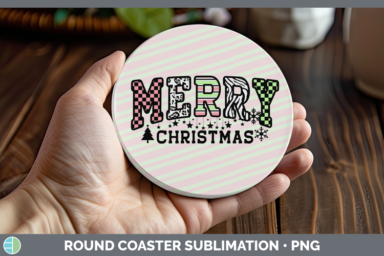 Merry Christmas Trendy Round Coaster Sublimation Design