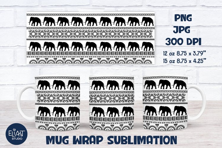 Beautiful Ethnic Elephant Mug Sublimation Design for 12 OZ and 15 OZ Coffee Mugs. PNG Files Compatible with Cricut Mug Press.