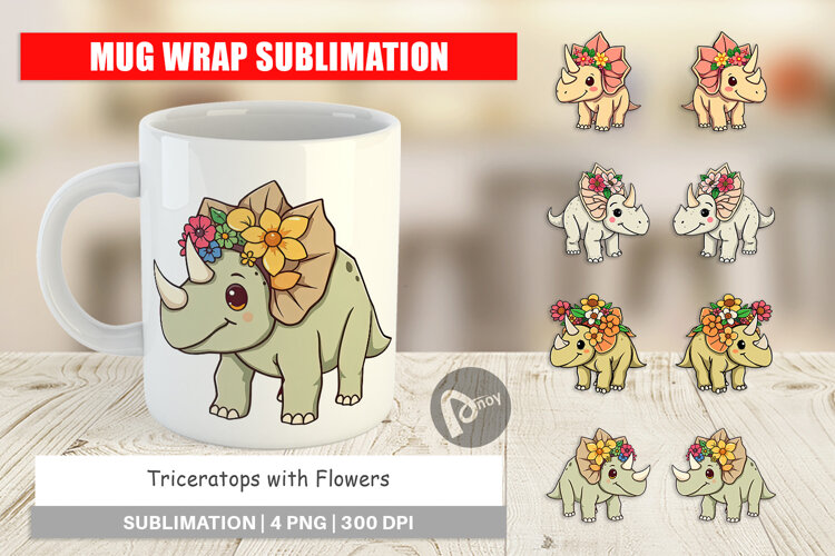 Mug Wrap Triceratops with Flowers example image 1