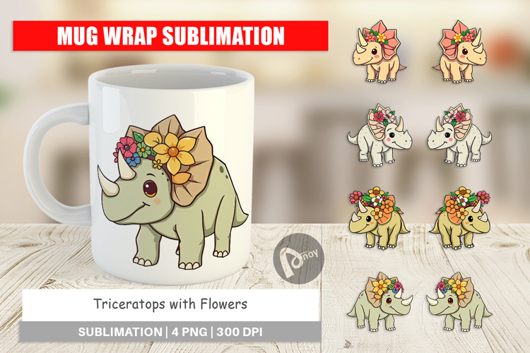 Mug Wrap Triceratops with Flowers