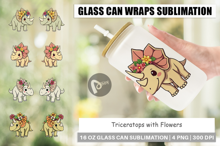 Glass Can Triceratops with Flowers