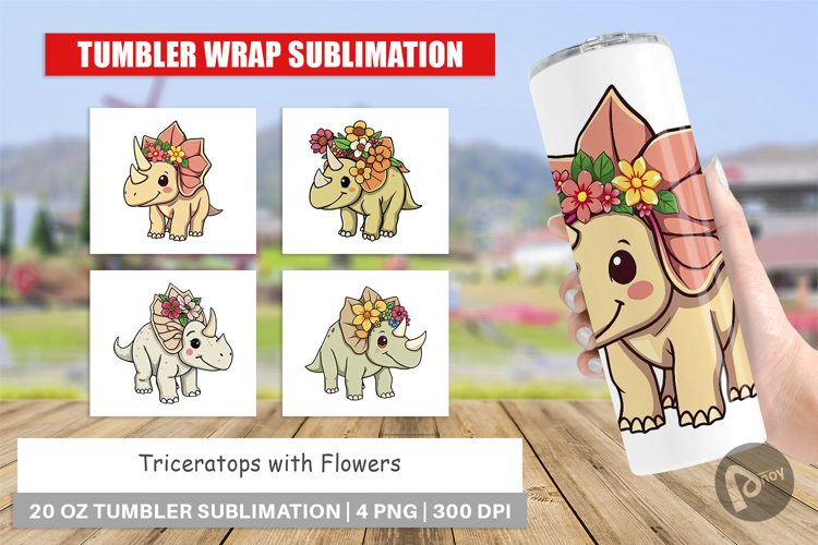 Tumbler Triceratops with Flowers