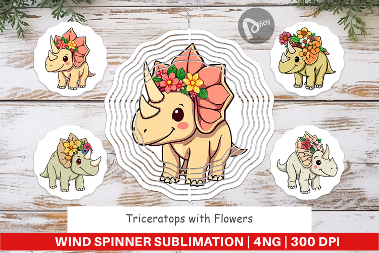 Wind Spinner Triceratops with Flowers