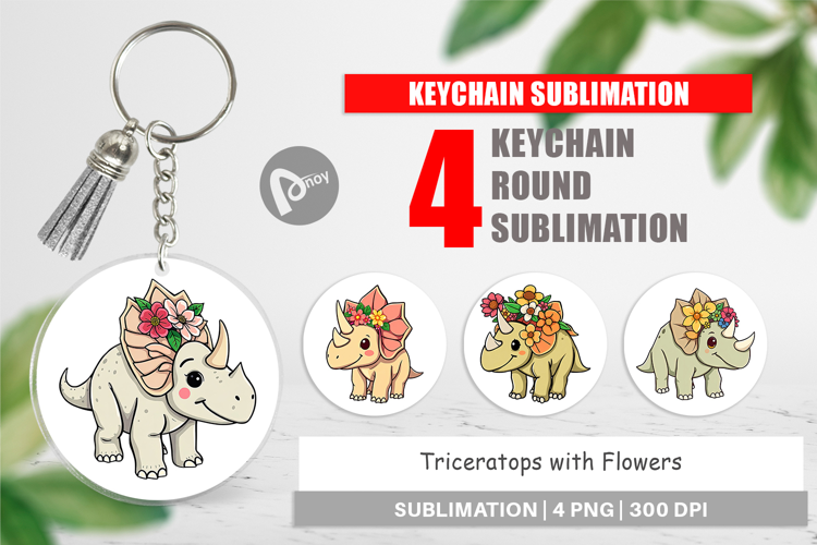 Keychain Triceratops with Flowers