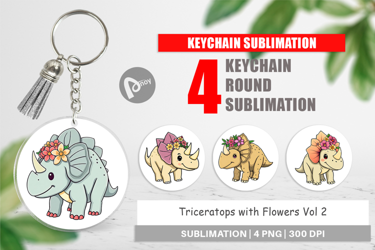Keychain Triceratops with Flowers