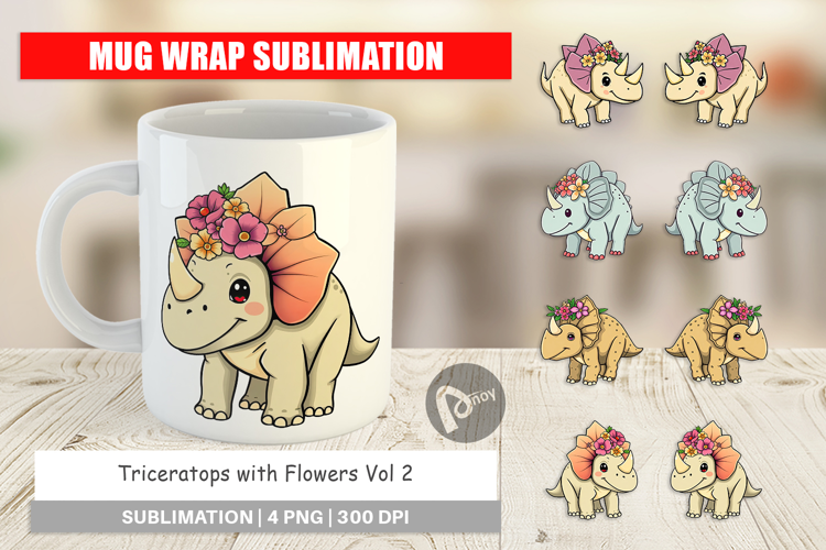 Mug Wrap Triceratops with Flowers