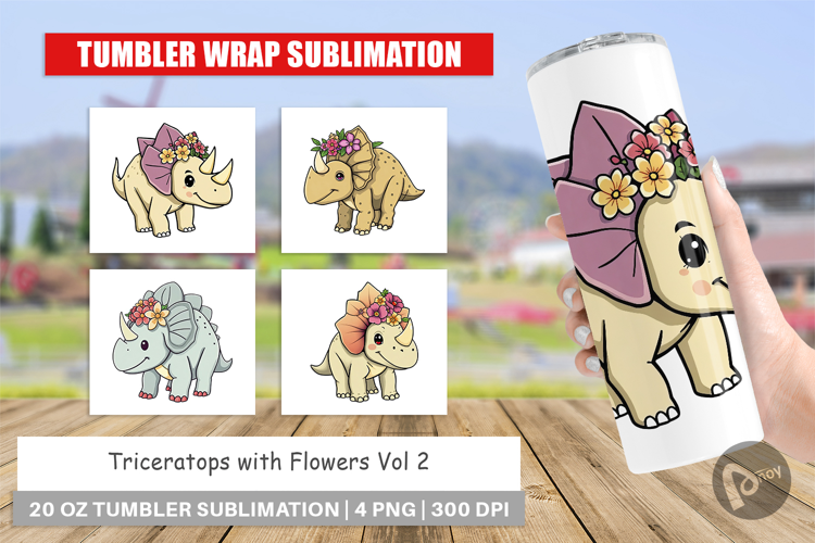 Tumbler Triceratops with Flowers