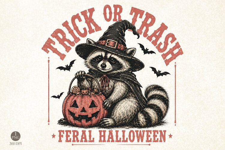 Trick Or Trash Halloween PNG, Funny Raccoon Witch Shirt example image 1
