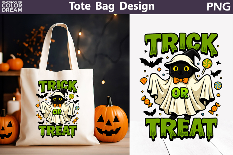 Trick or Treat Tote Bag | Black Cat Ghost Halloween