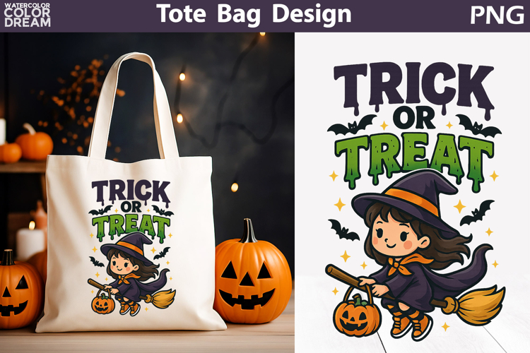 Trick or Treat Tote Bag | Cute Witch Flying on Broomstick