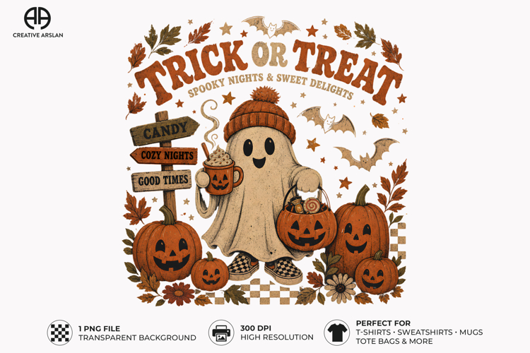 Trick or Treat Ghost Halloween Pumpkin Sublimation Design