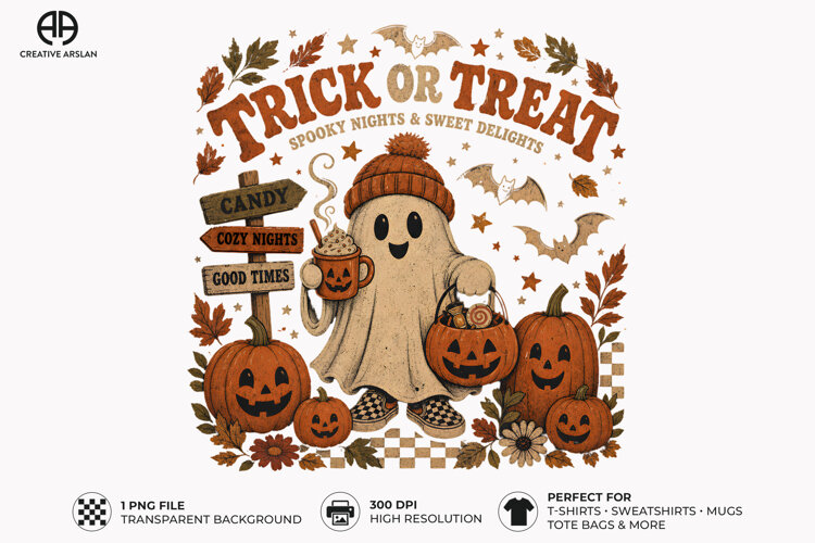 trick or treat ghost, ghost pumpkin design, halloween ghost png, pumpkin halloween png, cute spooky design, halloween sublimation, ghost shirt design, pumpkin ghost art, spooky season png, halloween graphic png