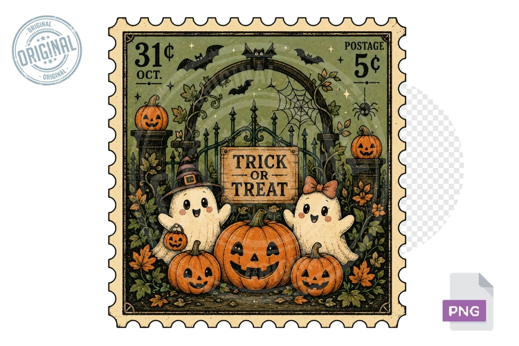 Trick or Treat Ghosts Pumpkin Halloween Stamp PNG Design