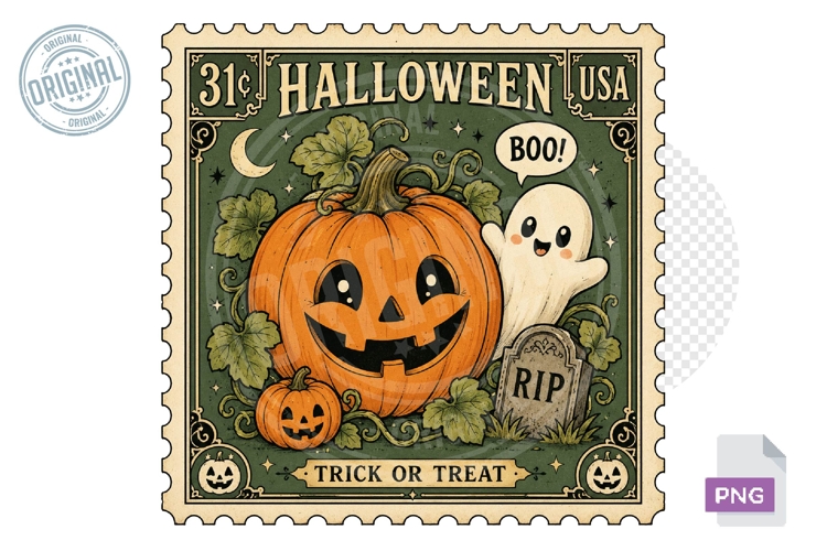 Trick or Treat Pumpkin Ghost Halloween Stamp PNG Design