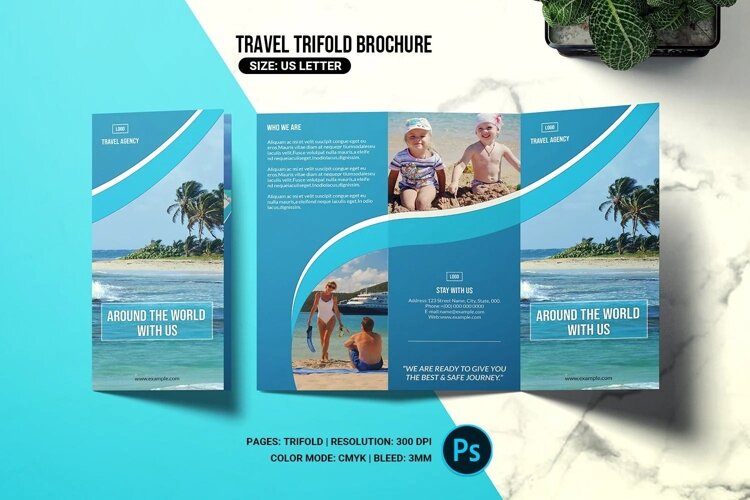 Travel trifold brochure template designed for travel agencies, tourism companies, vacation packages, holiday destinations, and tour promotions. US Letter size with a clean, vibrant layout and editable Photoshop design.