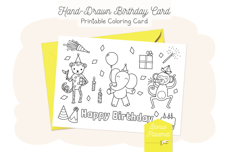Elephant Happy Birthday Card, Kids Coloring Placemat Animals