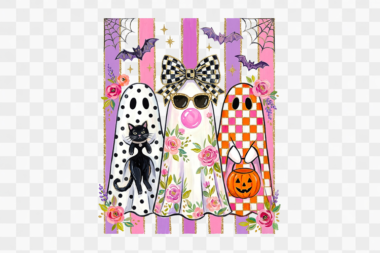 Preppy Ghosts Black Cat Cute Halloween Bow Png Designs example image 1